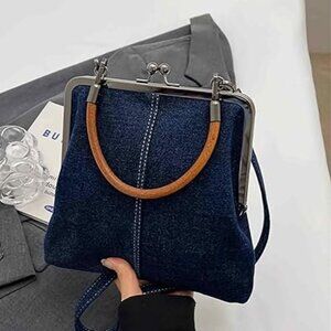 Mini Blue Denim Tote Bag Kiss Lock Purse Crossbody